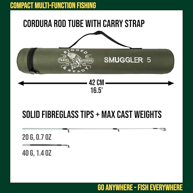 Rigged and Ready Smuggler Series Travel Fishing Rods. 6 Portable, Super Compact Spin, Bass, Carp, Lure, Rod Reel Combination and 5 Poles + Case. 2 or 4 Tips for Freshwater and Saltwater Fishing