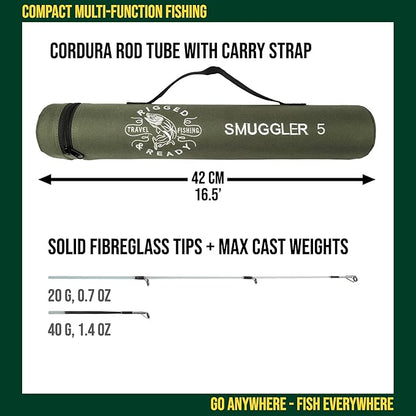 Rigged and Ready Smuggler Series Travel Fishing Rods. 6 Portable, Super Compact Spin, Bass, Carp, Lure, Rod Reel Combination and 5 Poles + Case. 2 or 4 Tips for Freshwater and Saltwater Fishing