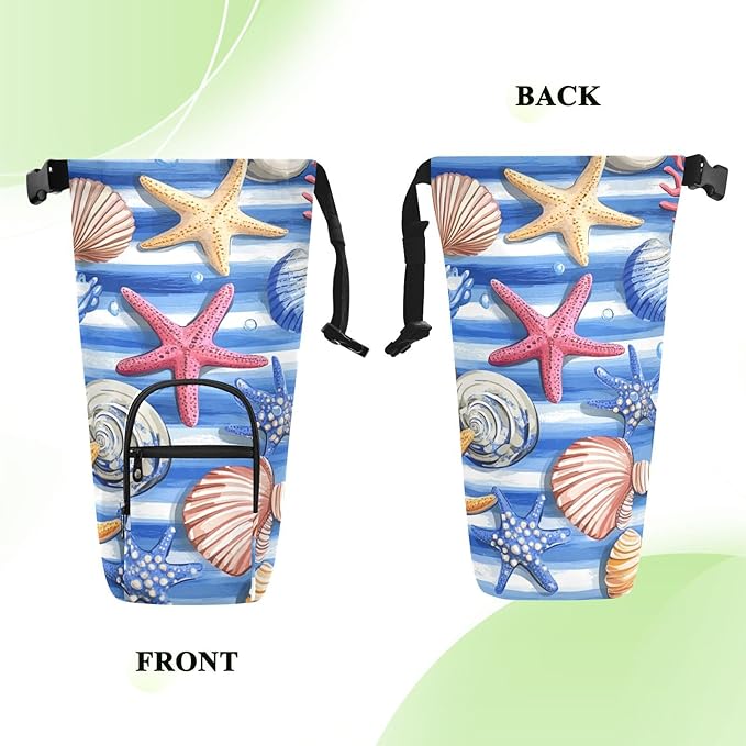 Blue Striped Starfishes Seashells Corals Water Bottle Holder with Strap Insulated Water Bottle Carrier Crossbody Bags Pouch with Phone Pocket for Travel Gym Hiking Walking Running