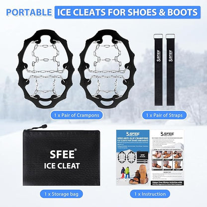 Sfee Crampons Ice Cleats for Shoes and Boots, Stainless Steel Chains Ice Grippers for Shoes and Boots Non Slip Gripper Spikes, Traction Cleats for Snow and Ice, Hiking, Walking, Climbing, Ice Fishing