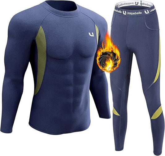 UNIQUEBELLA Men's Thermal Underwear Sets Top & Long Johns Fleece Sweat Quick Drying Thermo Base Layer