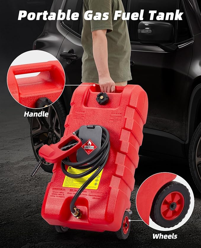 15 Gallon Gas Can, Fuel Transfer Tank, Portable Fuel Tank With Pump, Portable Gasoline Tank On Wheels With Le Fluid Transfer Siphon Pump and 10-Inch Hose, for Cars, Boats, Lawnmowers, ATVs, Tractor