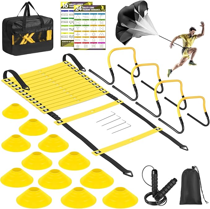 Agility Speed Training Equipment Set, Football Practise Set with 20ft Agility Ladder, 12 Cones, 4 Adjustable Hurdles, Jump Rope, Parachute, for Basketball, Soccer, Football, Kids, Youth, Adults