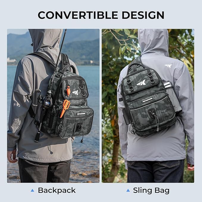 KastKing BaitSpace Fishing Sling Bag, Fishing Backpack with Rod & Beverage Holder, Tackle Bag for Fishing Gear