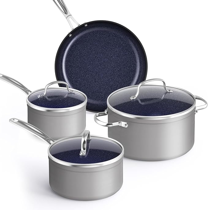 Nuwave Healthy Duralon Blue Ceramic Nonstick Coated 7pc Cookware Set, Scratch-Resistant Diamond Infused, PFAS Free, Induction Ready & Evenly Heats, Oven Safe, Tempered Glass Lids