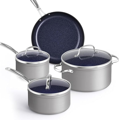 Nuwave Healthy Duralon Blue Ceramic Nonstick Coated 7pc Cookware Set, Scratch-Resistant Diamond Infused, PFAS Free, Induction Ready & Evenly Heats, Oven Safe, Tempered Glass Lids