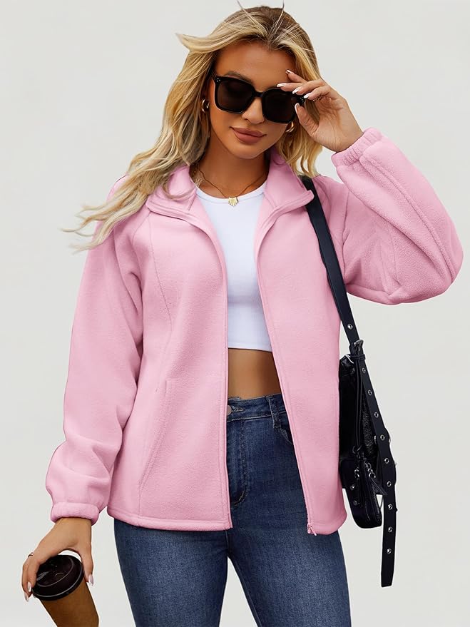 Womens Zip Up Fleece Jacket With 6 Pockets Casual Long Sleeve Fall Winter Fashion Outfits Clothes 2025