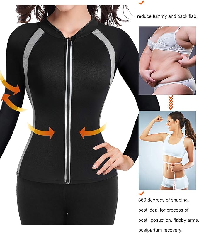 NonEcho Women Sauna Suit Waist Trainer Jacket Hot Sweat Top Neoprene Body Shaper Workout Suit Running Cycling Jersey Black