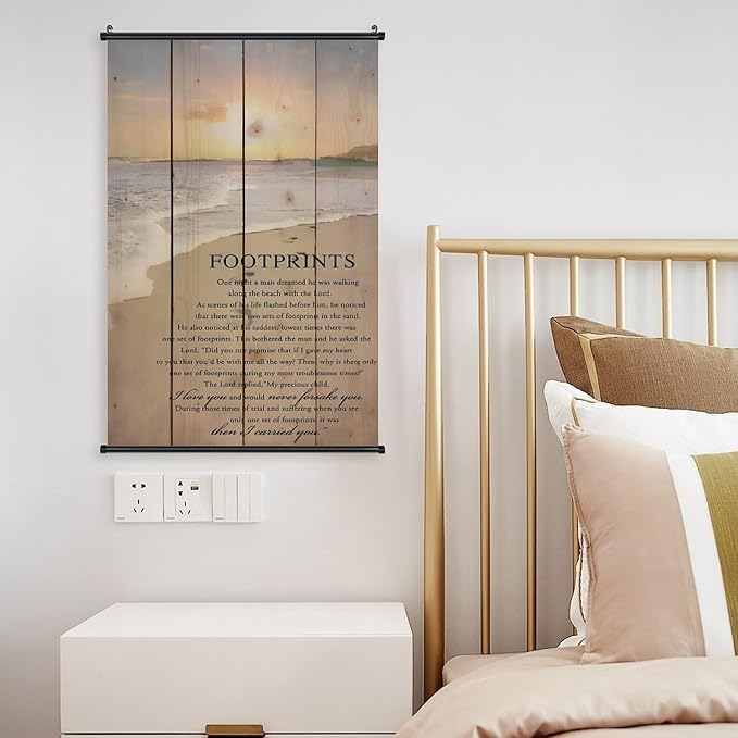Footprints in the Sand Religious Canvas Wall Art Posters, Inspirational Beach Sunset Poem Print Poster (Black Axis 16x24inch, Footprints(1))