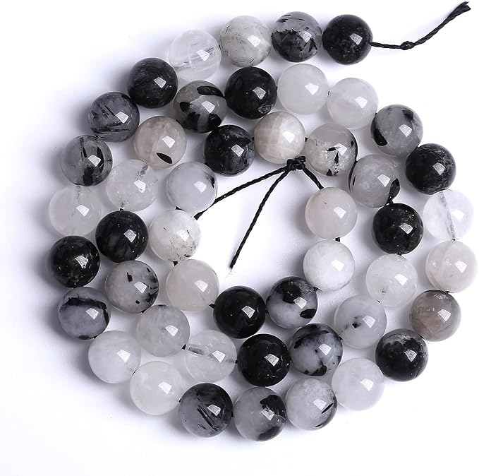 8MM 45PCS Natural Crystal Stone Black Rutile Quartz Gemstone 2A Grade Loose Beads for Jewelry Making DIY Bracelet Necklace Semi Precious Beads 1 Strand