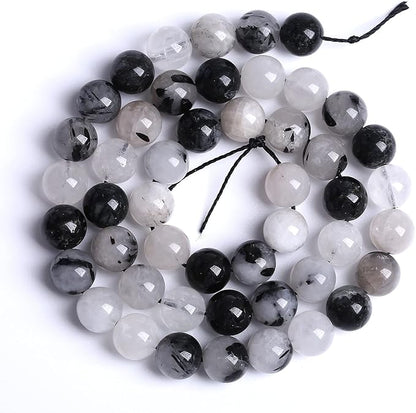 8MM 45PCS Natural Crystal Stone Black Rutile Quartz Gemstone 2A Grade Loose Beads for Jewelry Making DIY Bracelet Necklace Semi Precious Beads 1 Strand