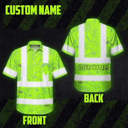 High Visibility Hawaiian Shirt for Men Tropical Shirts Custom Name Floral Outfit Reflective Safety Workwear