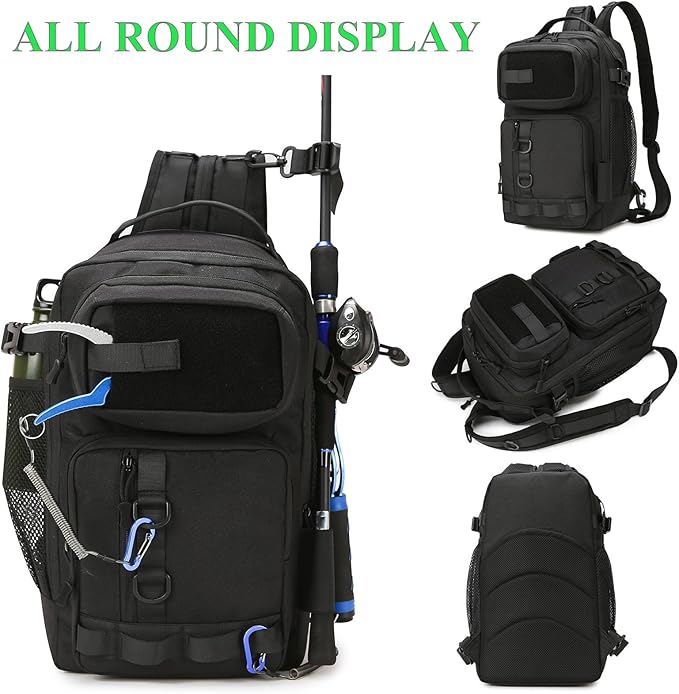 Fishing Backpack - Tackle Sling Bag- Fishing Gear Bags with Rod Holder and Fish Plier (Green)