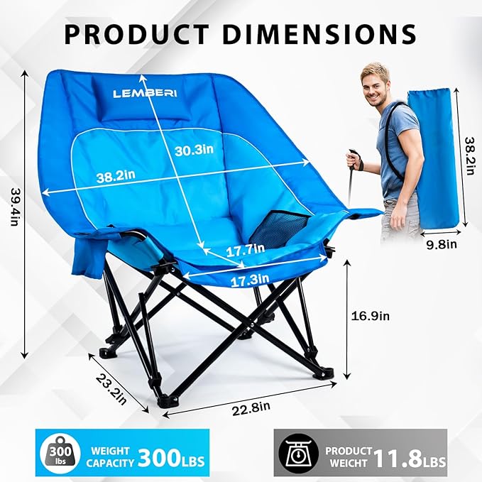 Oversized Camping Chairs 2 Pack, Heavy Duty Folding Chairs Support 500LB for Adults, Portable Low Beach Chairs with Headrest Support and Cup Holder for Outdoor, Camping, Sports, Blue