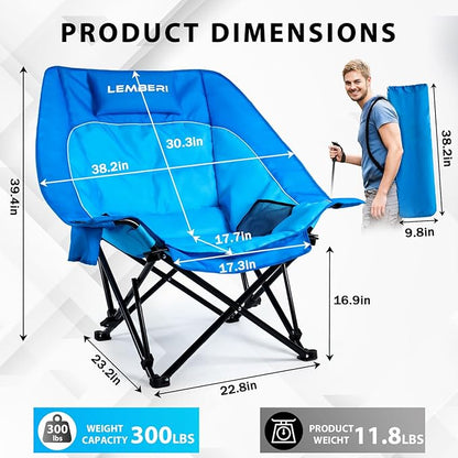 Oversized Camping Chairs 2 Pack, Heavy Duty Folding Chairs Support 500LB for Adults, Portable Low Beach Chairs with Headrest Support and Cup Holder for Outdoor, Camping, Sports, Blue