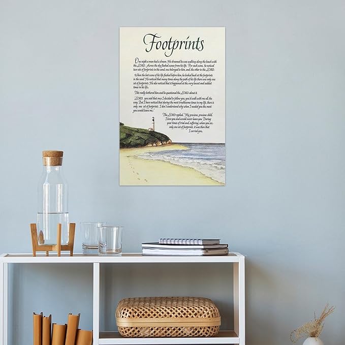 Footprints in the Sand Religious Canvas Wall Art Posters, Inspirational Beach Sunset Poem Print Poster (Unframed 20x30inch, Footprints(5))