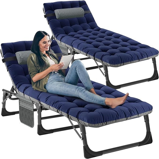 LILYPELLE Folding Outside Chaise Lounge Chair with Mattress, 5 Position Adjustable Patio Reclining Chairs Perfect for Outside, Sunbathing, Camping, Pool, Beach, Cool Blue