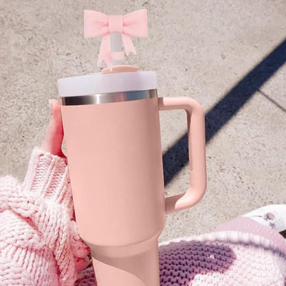 4Pcs Silicone Straw Toppers Covers for Stanley Cups 40/30oz 10mm(0.4in) Cream Dust-Proof Bow Straw Covers Toppers Flash Pink Suitbale for Stanley Cup Accessories Reusable Straws Caps
