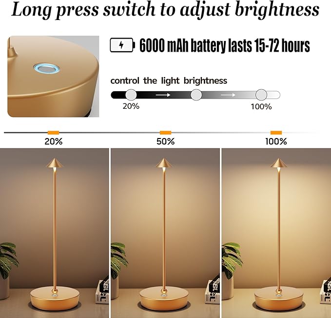 2Pack Rechargeable Cordless Table Lamp, Portable Powered LED Battery 6000mAh Metal USB Desk Lamp, 3 Levels Brightness Light for Restaurants Outdoor (2pack Gold)