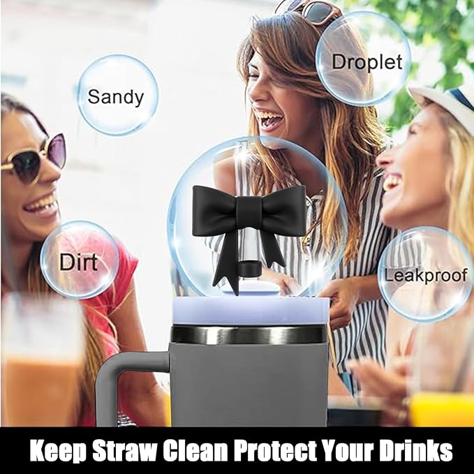 4Pcs Silicone Straw Toppers Covers for Stanley Cups 40/30oz 10mm(0.4in) Dust-Proof Bow Straw Covers Toppers Suitbale for Stanley Cup Accessories Reusable Straws Caps (Black)