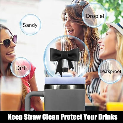 4Pcs Silicone Straw Toppers Covers for Stanley Cups 40/30oz 10mm(0.4in) Dust-Proof Bow Straw Covers Toppers Suitbale for Stanley Cup Accessories Reusable Straws Caps (Black)