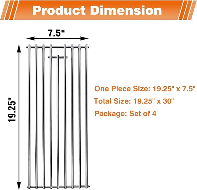 19 1/4" Stainless Steel Cooking Grid Grates Replacement Parts for 16517 Bull BBQ Angus, Brahma, Lonstar Select, Outlaw Steer Premium, Lonestar Select,19.25"x7.5",4Pack