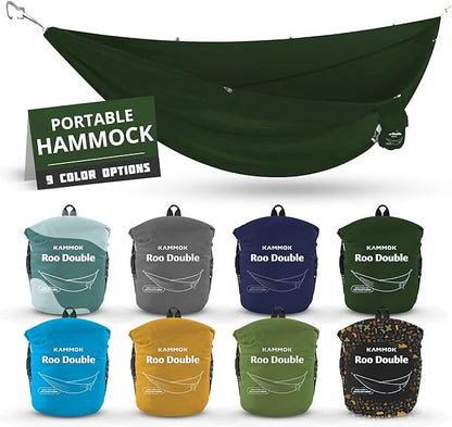 KAMMOK: Roo Double Hammock | Made from Strong & 100% Recycled Water Resistant Ripstop Fabric | Comfortable, Packable, Lightweight (Lifetime Adventure Grade Warranty), Pine Green