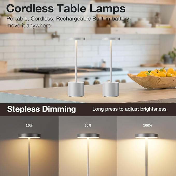 Kakanuo Silver Gray Cordless Lamp Set, Rechargeable Lamp, 3 Color Temperature, LED Outdoor Wireless Lamps, Battery Operated Lamps, Stepless Dimmable, Touch Control