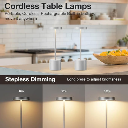 Kakanuo Silver Gray Cordless Lamp Set, Rechargeable Lamp, 3 Color Temperature, LED Outdoor Wireless Lamps, Battery Operated Lamps, Stepless Dimmable, Touch Control