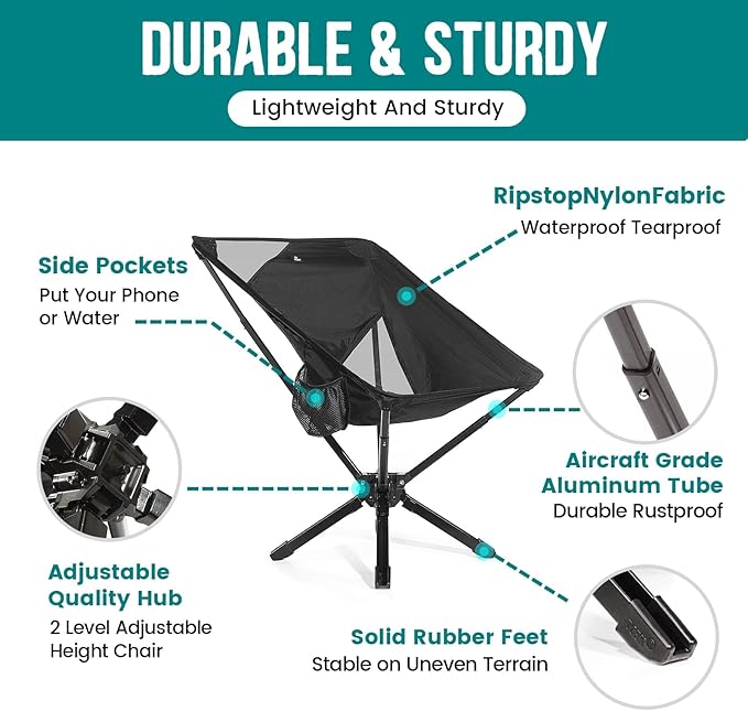 Adjustable Portable Camping Chair RiseLite Lightweight Compact Folding Chair for Adults, Collapsible Camp Chairs That Folds Up Small, Easy Carry for Travel, Outdoor, Sports, Backpacking, Hiking