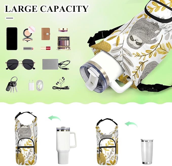 Cartoon Sloths Leaves White Water Bottle Holder with Strap Insulated Water Bottle Carrier Crossbody Bags Pouch with Phone Pocket for Travel Gym Hiking Walking Running