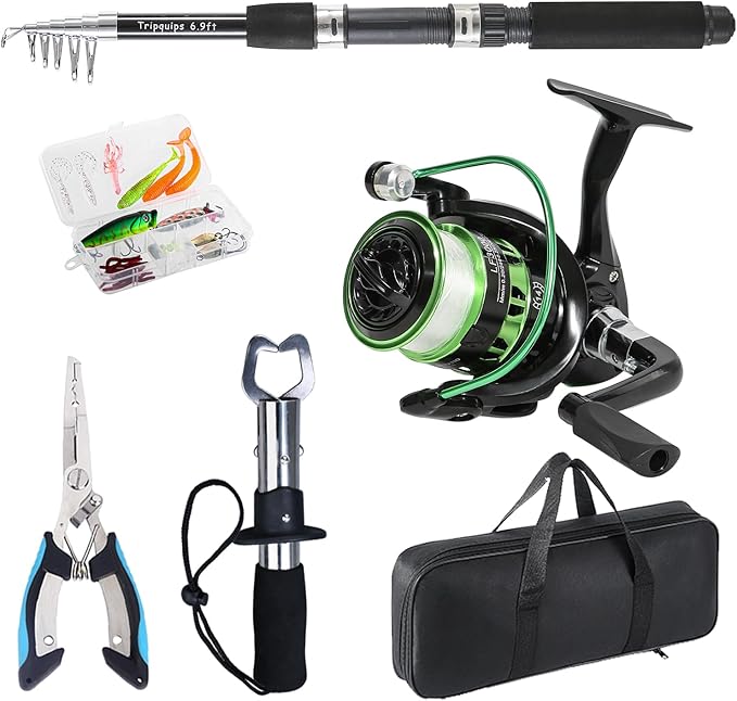 Fishing Rod, 6.9ft Telescopic Fishing Rod and Reel Combo with Fishing Pliers and Lip Gripper Fishing Equipment, 5.2:1 Pre-Loaded Spinning Reel Combo Set Fishing Pole