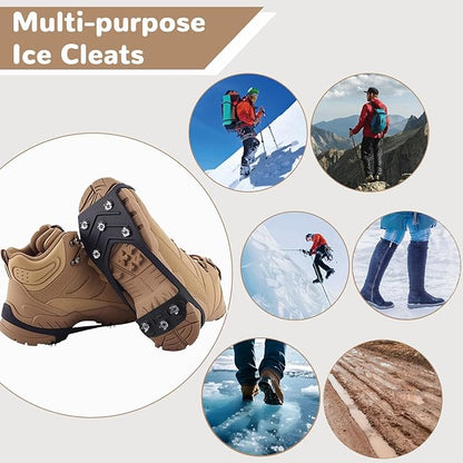 2 Pairs Ice Cleats for Shoes and Boots, Universal Non Slip Hiking Spikes, Micro Shoe Spikes for Snow and Ice, Durable Snow Crampons for Winter Hiking Climbing Ice Fishing, 8 Steel Studs Gripper Spike