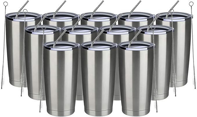 MEWAY 20oz Tumbler 12 Pack Double Wall Vacuum Insulated Travel Mug Bulk, Stainless Steel Tumblers with Lid and Straw, Durable Powder Coated Coffee Cups for Cold & Hot Drinks (Silver, 12)
