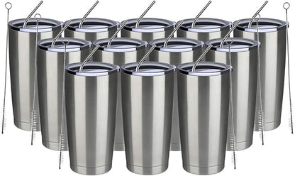 MEWAY 20oz Tumbler 12 Pack Double Wall Vacuum Insulated Travel Mug Bulk, Stainless Steel Tumblers with Lid and Straw, Durable Powder Coated Coffee Cups for Cold & Hot Drinks (Silver, 12)