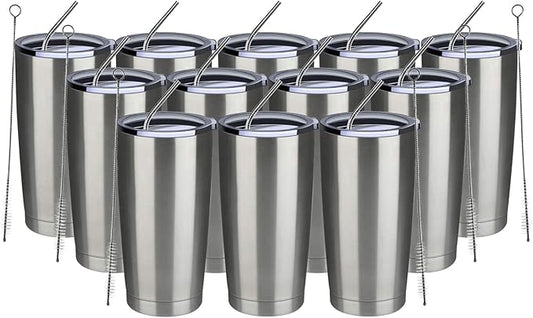 MEWAY 20oz Tumbler 12 Pack Double Wall Vacuum Insulated Travel Mug Bulk, Stainless Steel Tumblers with Lid and Straw, Durable Powder Coated Coffee Cups for Cold & Hot Drinks (Silver, 12)