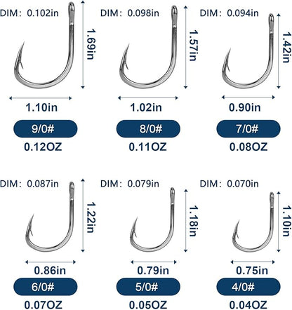 60PCS/Box DERKERL Fishing Hooks, Extra Strong Fish Hooks Stainless Steel Fishing Hooks 6 Sizes: 4/0 5/0 6/0 7/0 8/0 9/0#