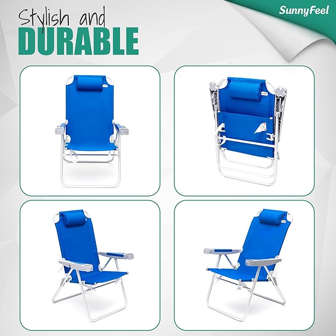 SUNNYFEEL 17" Tall Oversized Beach Chairs 2 Pack for Adults Heavy Duty 500 LBS, 5 Position, Portable High Folding Camping Chair with Cup Holder for Outdoor/Lawn/Trip, Foldable Sand Chairs for Adults