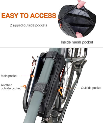 Bike Triangle Frame Bag, Bicycle Storage Pouch with 2 Side Pockets, 3-in-1 Waterproof Top Tube Bag for Phone, Cycling Tool Accessories Pack for MTB Mountain Road Bikes