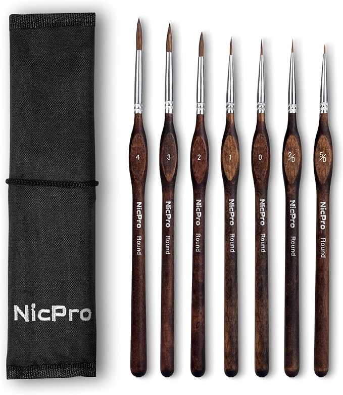 Nicpro 7pcs Kolinsky Sable Miniature Paint Brushes, Professional Fine Detail Paint Brushes with Cloth Roll, Round Point Artist Brush Set for Miniatures, Acrylic & Figures, Model, Watercolor Details