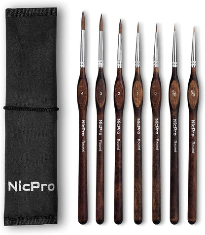 Nicpro 7pcs Kolinsky Sable Miniature Paint Brushes, Professional Fine Detail Paint Brushes with Cloth Roll, Round Point Artist Brush Set for Miniatures, Acrylic & Figures, Model, Watercolor Details