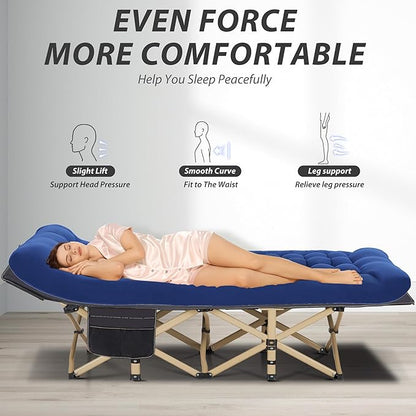 Folding Camping Cot for Sleeping, Portable Cots for Adults, Heavy Duty Cot Bed 550LBS(Max Load), Extra Wider Cots with Large Pocket for Outdoor, Office, Beach