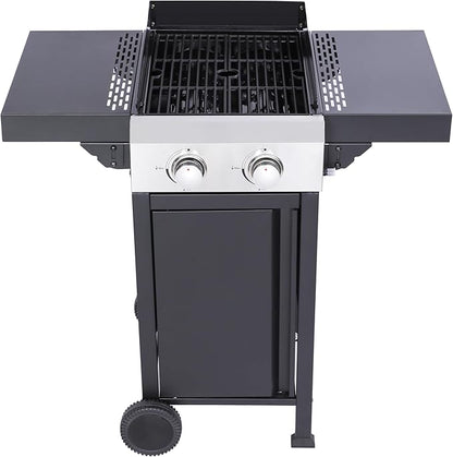 2-Burner Propane Gas BBQ Grill, Pizza Box, 24600BTU Output With Wire Enamel Cooking Grids For Outdoor Barbecue, Foldable Side Table, Hanging Basket, Stainless Steel