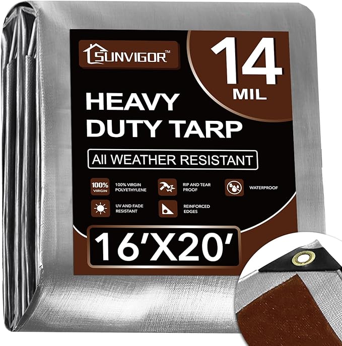 Sunvigor Tarp Waterproof 16x20Ft, Heavy Duty Tarp Cover Extra Thick 14 Mil Tear and UV Resistant, Outdoor Tarps with Grommets and Reinforced Edges for Roof, Camping, Patio, Pool, Boat