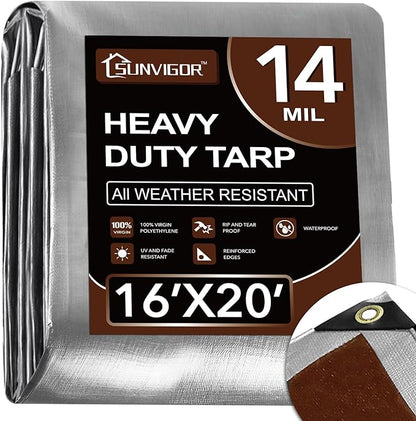 Sunvigor Tarp Waterproof 16x20Ft, Heavy Duty Tarp Cover Extra Thick 14 Mil Tear and UV Resistant, Outdoor Tarps with Grommets and Reinforced Edges for Roof, Camping, Patio, Pool, Boat