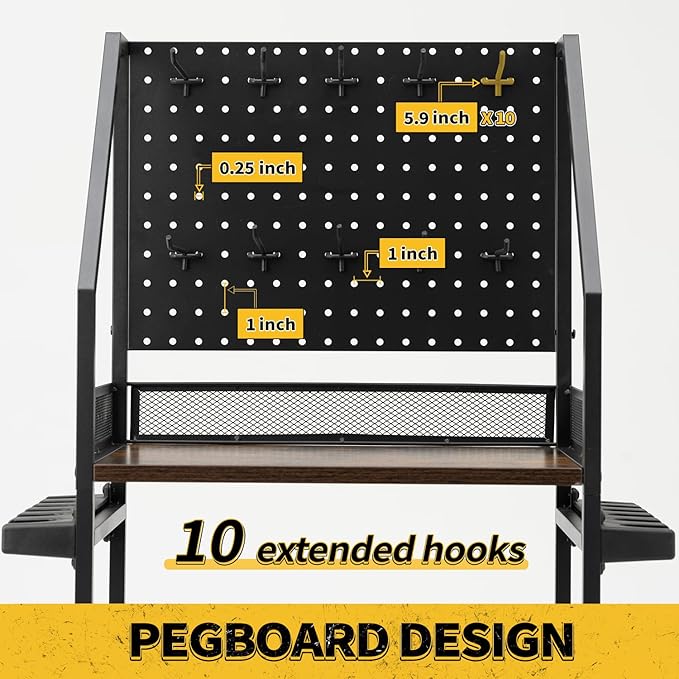 SOYEEZE Fishing Rod Holders for Garage with Pegboard and Lockable Wheels, 3-Tier Fishing Pole Rack with 10 Hooks, Fishing Gear Tackle Box Organizer Up to 12 Rods, Rolling Fishing Storage Cart