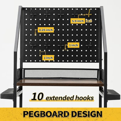 SOYEEZE Fishing Rod Holders for Garage with Pegboard and Lockable Wheels, 3-Tier Fishing Pole Rack with 10 Hooks, Fishing Gear Tackle Box Organizer Up to 12 Rods, Rolling Fishing Storage Cart