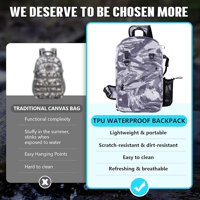 THKFISH IPX8 Waterproof Fishing Backpack with Rod Holder, Lightweight Fishing Sling Bag, Move Freely Fish Gifts for Men