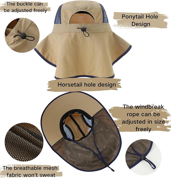 UV Sun Protection Hat Women Foldable Neck Flap Wide Brim Fishing Hat with Ponytail Hole for Women