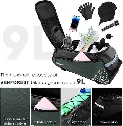 Bike Rear Rack Bag,9L PVC Waterproof Bike Trunk Bag for Road and Mountain Bikes,Bicycle Rear Seat Bag with Rain Cover Bike Saddle Bag for Cycling Trip (Brown green)